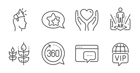 Hold heart, 360 degrees and Brand ambassador line icons set. Gluten free, Star and Augmented reality signs. Seo message, Vip internet symbols. Friendship, Full rotation, Megaphone. Vector
