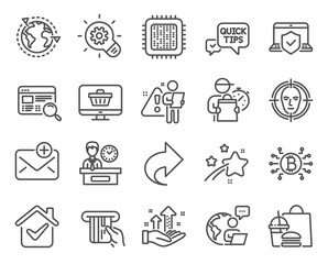 Technology icons set. Included icon as Analysis graph, Quick tips, Bitcoin system signs. Outsourcing, New mail, Share symbols. Presentation time, Cogwheel, Web shop. Website search. Vector