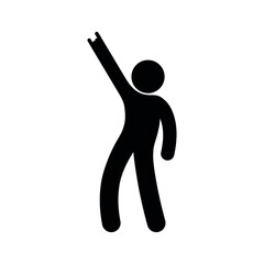 stick icon man shows goat gesture, hand makes a rock symbol, human silhouette pictogram at a rock concert, music star, hands up heavy metal symbol