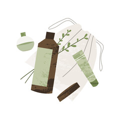 Expectorant mucolytic cough suppressant. Homeopathy, naturopathy. Complementary, alternative, integrative, holistic medicine. Natural organic herb. Apothecary bottle. Vector flat cartoon illustration