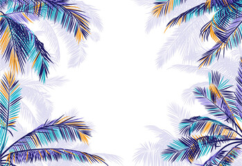 Fototapeta na wymiar Vector frame with realistic palm leaves. Colorful silhouette with copy space on a white background. Tropical illustration for banner, poster, brochure, wallpaper. Botanical backdrop with palm tree