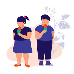 Fat Boy And Girl Eating Ice Cream. Obesity Children. Full Length. Flat Design.