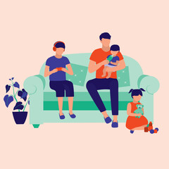 Father Taking Care Of Children At Home. Father Bottle-Feeding His Baby. Full Length. Flat Design.