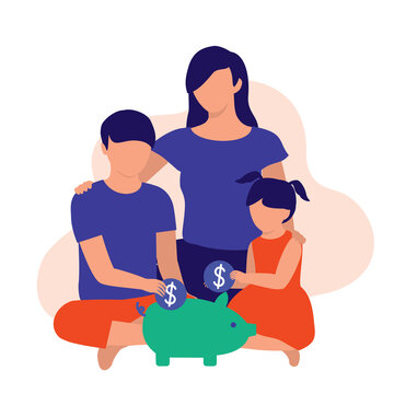 Mother Teaching Her Children Saving Money. Family Finance Concept. Vector Illustration Flat Cartoon. Boy And Girl Putting Money Into The Coin Bank.
