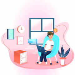 Flat style illustration of Freelance Work from home in quarantine with laptop.