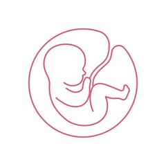 Line logotype. Baby in the womb with umbilical cord. Stylish logo for a prenatal or reproductive clinic, pregnancy brochure, surrogacy agency. Round frame, elegant icon.