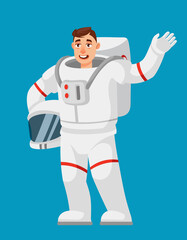 Astronaut waving hand. Male person in cartoon style.