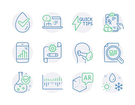 Science icons set. Included icon as Dermatologically tested, Cogwheel blueprint, Medical mask signs. Augmented reality, Quickstart guide, Column diagram symbols. Check article, Graph phone. Vector