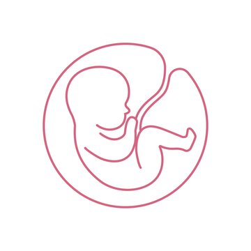 Line logotype. Baby in the womb with umbilical cord. Stylish logo for a prenatal or reproductive clinic, pregnancy brochure, surrogacy agency. Round frame, elegant icon.