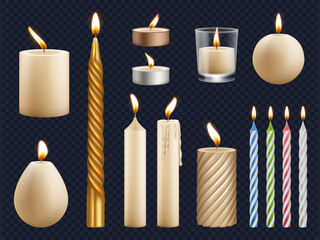 Realistic candles. Church wax candles collection birthday celebration fire items lighting glow effects decent vector templates set isolated