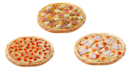 Three pizzas isolated on a white background. Italian food concept. Appetizing pizza.