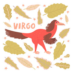 Virgo dinosaur isolated on white background. Hand drawn reptile character astrological zodiac sign. Cartoon monster with hair, horoscope vector illustration. Childish t shirt, poster print design