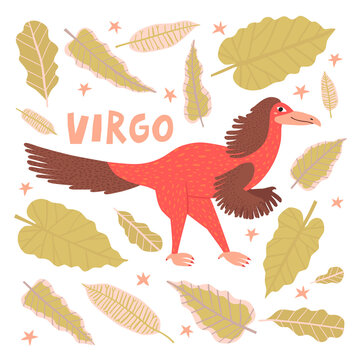 Virgo dinosaur isolated on white background. Hand drawn reptile character astrological zodiac sign. Cartoon monster with hair, horoscope vector illustration. Childish t shirt, poster print design