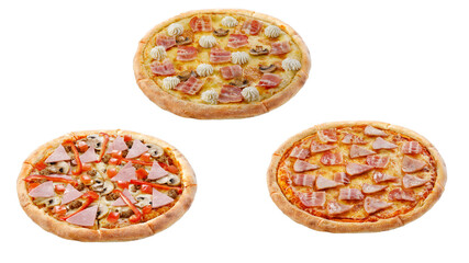 Three pizzas isolated on a white background. Italian food concept. Appetizing pizza.