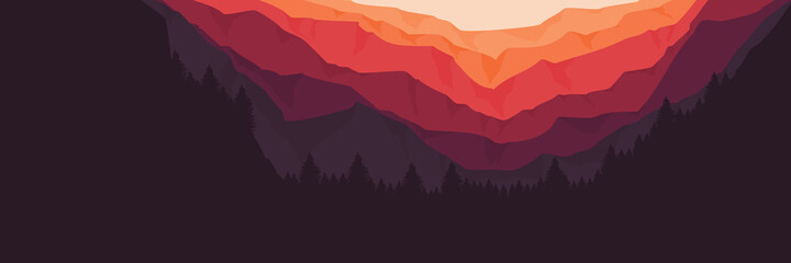 sunset in the mountain cliff with forest tree vector flat design illustration for wallpaper, background, banner, and template © FahrizalNurMuhammad
