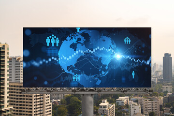 World planet Earth map hologram and social media icons on billboard over panorama city view of Bangkok, Southeast Asia. The concept of people networking and connections.