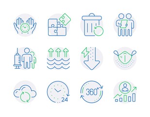 Science icons set. Included icon as Medical mask, Medical vaccination, Full rotation signs. Cloud sync, 24 hours, Energy drops symbols. Evaporation, Safe time, Survey. Recovery trash. Vector