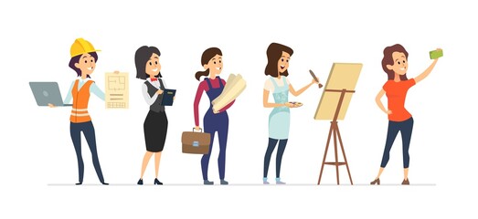 Female diverse professions. Young women workers, isolated different occupation girls vector characters