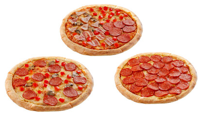 Three pizzas isolated on a white background. Italian food concept. Appetizing pizza.