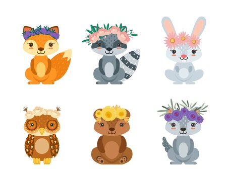 Spring animals. Funny animal floral wreath, cartoon wild characters with flowers. Childish fox rabbit raccoon vector set