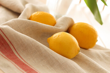 Yellow lemons, sugar and yellow tulips on the table. Conceptual Spring photo. Kitchen Photos. Interior.Vitamins 