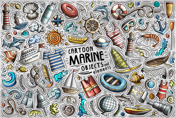 Fototapeta na wymiar Vector doodle cartoon set of Marine theme items, objects and symbols