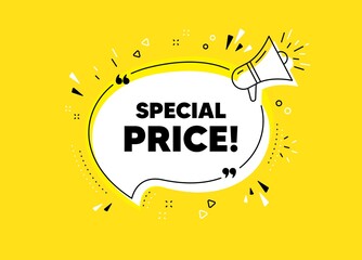 Special price symbol. Megaphone yellow vector banner. Sale sign. Advertising Discounts symbol. Thought speech bubble with quotes. Special price chat think megaphone message. Vector
