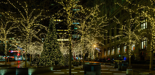 Christmas lights at night in New York City, New York.