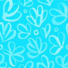 Abstract Watercolor flowers seamless pattern. Modern Artistic plants, flowers hand drawn with brush, Colored ink over paper. Children drawing crayons on blue background