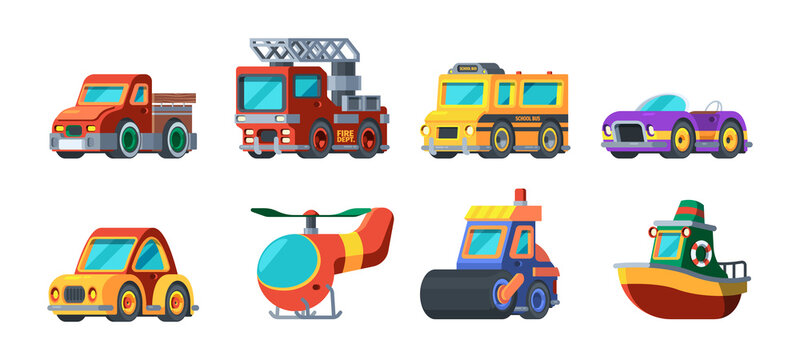 Toys vehicles. Mini transport cars boats airplanes bus trucks garish vector cartoon collections for kids pleasure