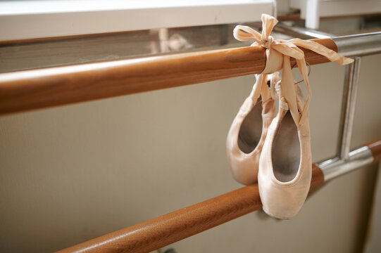 Pink Ballet Shoe Hanging On Barre, Nobody