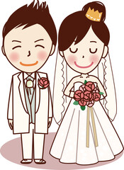 タキシードとウェッディングドレスを着る笑顔の新郎新婦。