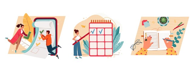 Woman with pencil marking completed tasks on to do list. Checklist with green check marks and tiny people flat vector illustration. Concept of time management, work planning method, daily goals, aims.