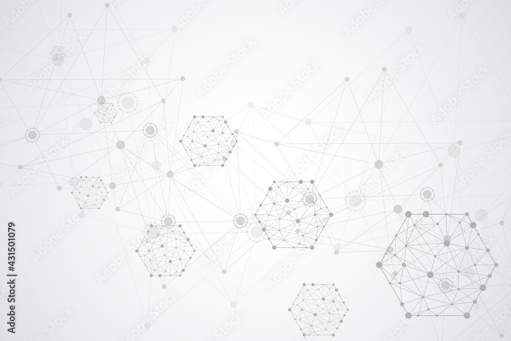Poster science network pattern, connecting lines and dots. technology hexagons structure or molecular conne