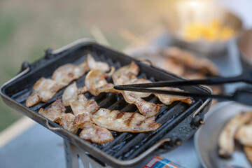 pork slice grill on pan iron at campground