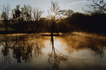 Lever de soleil et brume sur le lac 