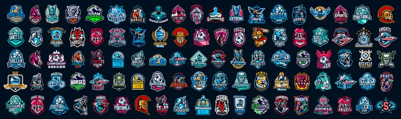 Foto op Canvas Huge set of colorful sports logos, emblems. Logos of knights, horses, superhero, soldier, skier, mountain bike, soccer ball, bear, eagle, cowboyfirefighterVector illustration isolated on background © kostymo