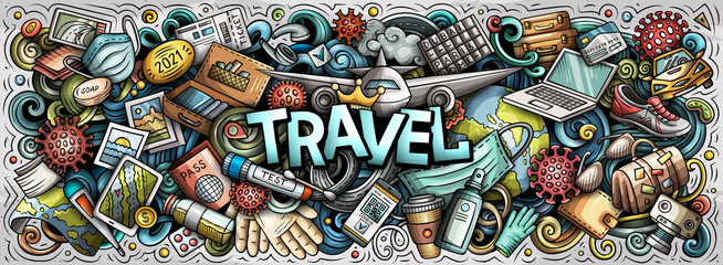 Travel hand drawn cartoon doodle illustration. Funny holiday design.