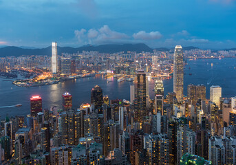 Victoria harbor of Hong Kong city at dusk