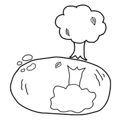 池に映る木（水鏡）の線画イラスト　秋落ち葉