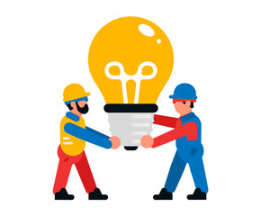 Workers carrying a large light bulb. Builders and a light bulb. Light, idea, inspiration, creativity. Isolated vector illustration on white background