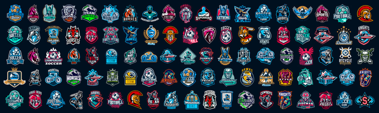 Huge set of colorful sports logos, emblems. Logos of knights, horses, superhero, soldier, skier, mountain bike, soccer ball, bear, eagle, cowboyfirefighterVector illustration isolated on background