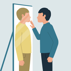 The man looks in the mirror and see the reflection of a stranger. Personality disorder