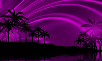 Obraz na płótnie Canvas Beach party empty scene background. Tropical palms against the background of neon glow, reflection on the water, laser show. 3d illustration