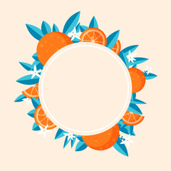 Bright round vector frame of oranges and leaves. Texture for fabric, wrapping paper, postcards.