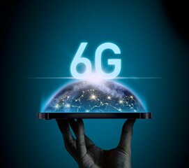 Hand holding smartphone with 6G technology network. Iot and futuristic communication concept.