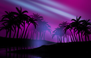 Fototapeta na wymiar Beach party empty scene background. Tropical palms against the background of neon glow, reflection on the water, laser show. 3d illustration