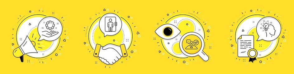Employee hand, Job interview and Elevator line icons set. Megaphone, licence and deal vector icons. Idea sign. Work gear, Accepted worker, Office transportation. Creative designer. People set. Vector