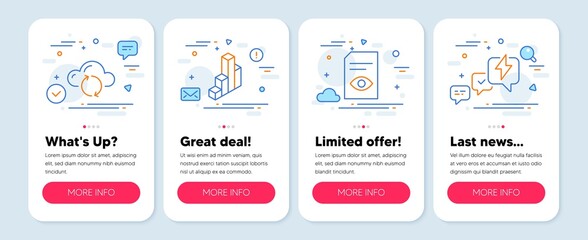 Set of Education icons, such as 3d chart, Cloud sync, View document symbols. Mobile screen banners. Lightning bolt line icons. Presentation column, Document storage, Open file. Messenger. Vector