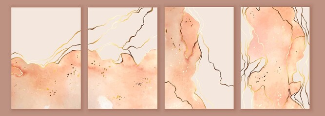 Set of cards, backgrounds with watercolor, ink wash in warm colors. Golden lines, splatters.